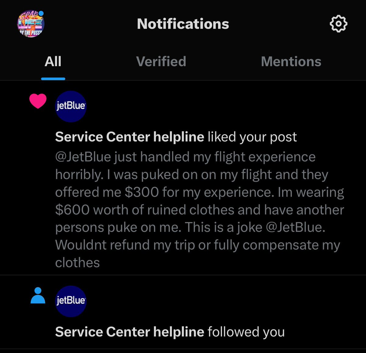BigJohnnyRay's tweet photo. When you know @JetBlue is horrible. They like your post. Real trash move. https://t.co/cr6S1EoIOe