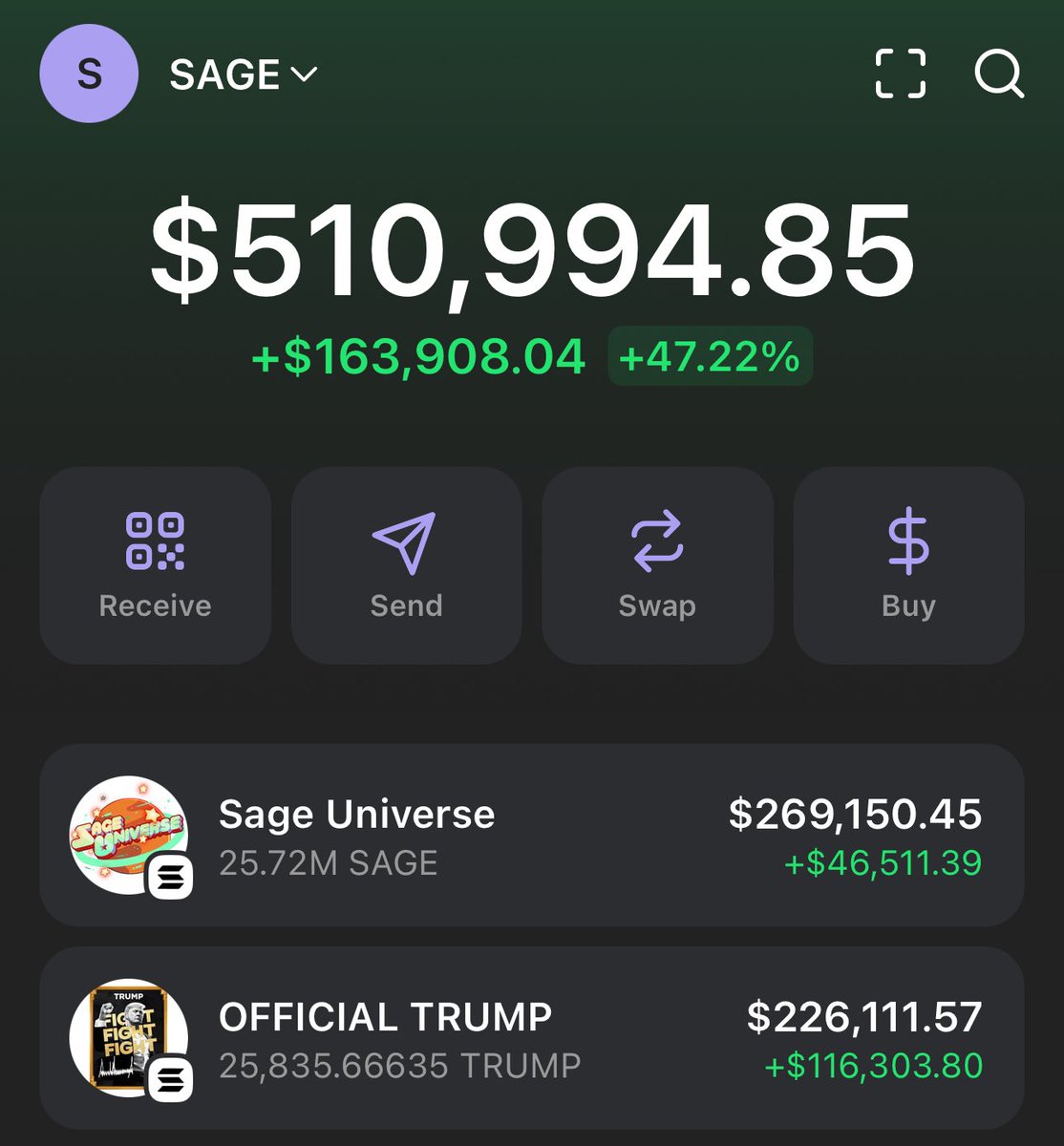cryptosageverif's tweet photo. Fuck it just got $200,000 worth of $TRUMP https://t.co/tnyrv1b41A