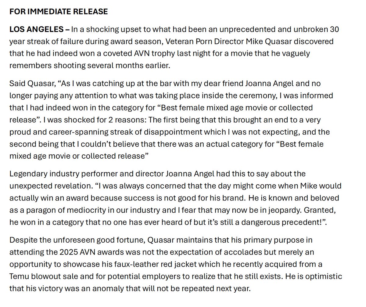 My annual award season press release.