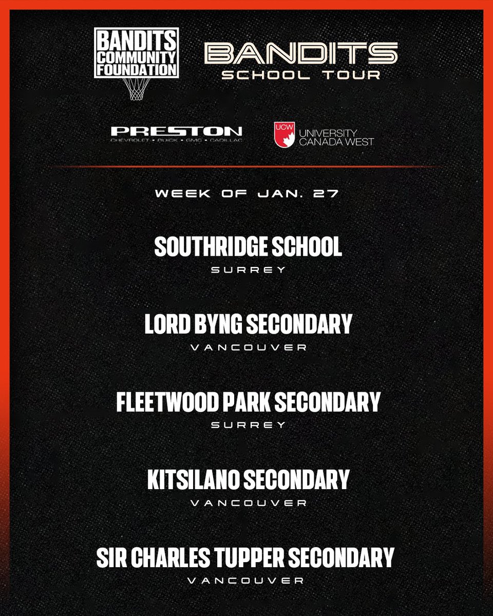 banditsFDN's tweet photo. Check out where Bandits head coach @Juliushoops will be visiting with student-athletes this week on our Bandits School Tour, powered by @prestongm and @ucanwest! 🙌 🏀 https://t.co/oQEIYxTBZo