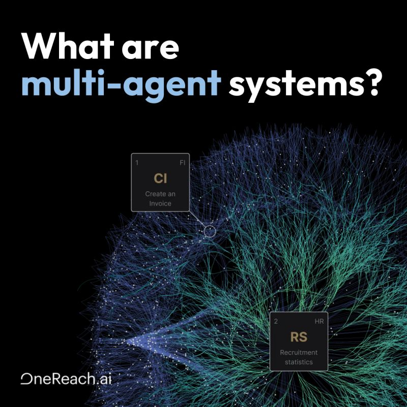 OneReachai's tweet photo. What are multi-agent systems? 🤔

Inside multi-agent systems, AI agents are orchestrated to act as "digital teammates" that can handle tasks, streamline workflows, and improve collaboration, while communicating in natural, conversational language. https://t.co/FEALIostzS