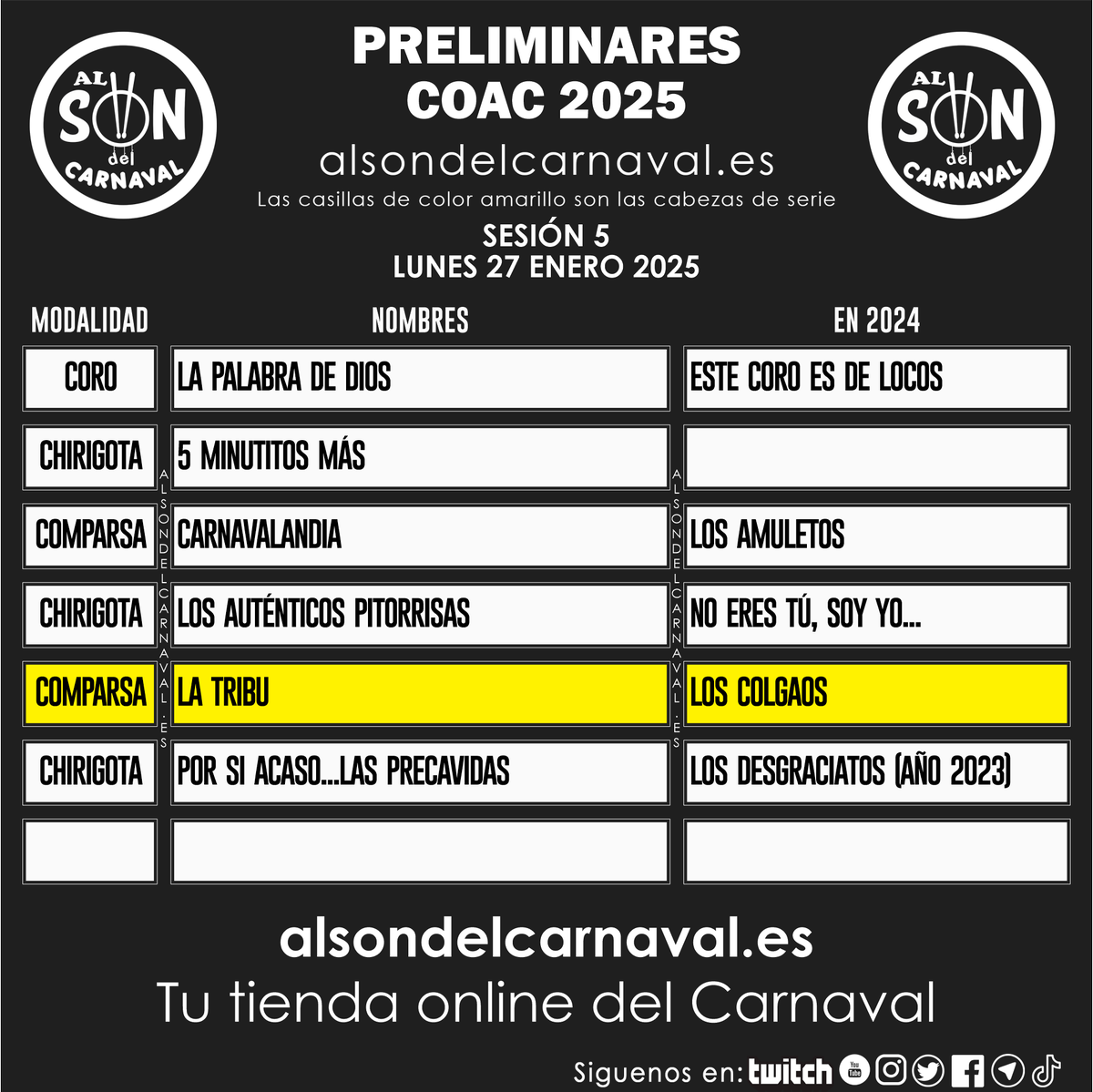 alsondecarnaval's tweet photo. 🎭 SESIÓN 5 PRELIMINARES #COAC2025 🎭

⏰ La sesión empieza a las 20:00 h.

#alsondelcarnaval #carnaval #carnavaldecadiz https://t.co/Obf7CgLwrO
