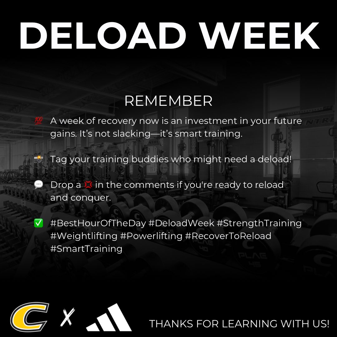 jeremyccarlson's tweet photo. ππͺ Centre Training Series:
Lesson 1 Deload to Reload
A deload week helps your body recover, prevents injuries, and sets you up to crush your next training cycle. Train smart. Recover strong. Perform your best.
#CentreTrainingSeries #DeloadWeek #StrengthAndPerformance https://t.co/7qde86aVUi