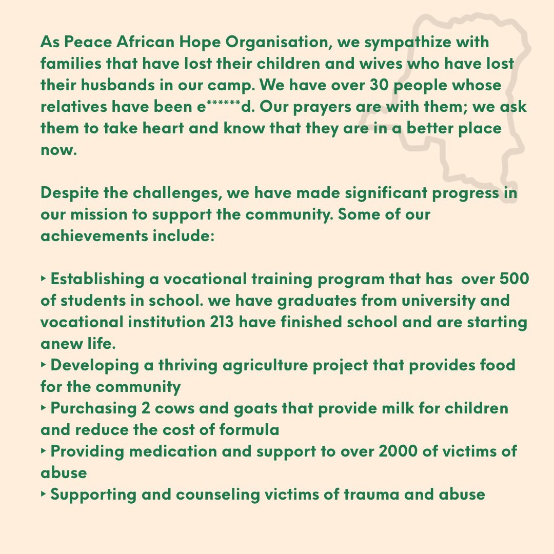 PeaceAfricanHO's tweet photo. 1/2 New year message from Emmanuel, the director of our shelter in eastern DRC. Reflecting on the decade of helping Congolese survivors and refugees. As the M23 rebels continue with their violence, we urgently need support to continue serving our communities. https://t.co/bu15FNfCFS