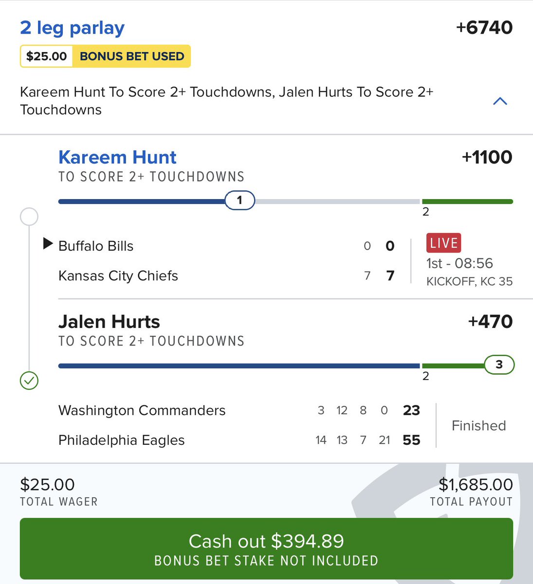 SmartPlaysDaily's tweet photo. $50 -> $2500 ON THE LINE 🤯 

We need one more touchdown from Kareem Hunt to cash a +6740 &amp; +3440. 

If he gets this done, I’ll run another $250 cash giveaway - just like this post to enter!! https://t.co/9rNwSe3z8l