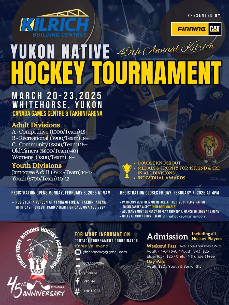📢🗣 Get your teams ready... spots will fill up fast!!! 

🚨 45th Annual Kilrich Yukon Native Hockey Tournament
📆 Date: March 20-23, 2025
📍 Where: Whitehorse, Yukon
🔸️Registration Opens: Feb 3, 2025 at 9am Yukon Time
🔸️Registration Closes: Feb 7, 2025 at 4pm