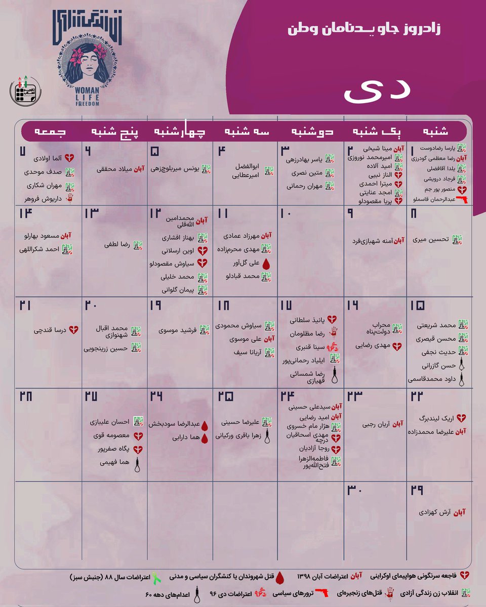 TaghvimEnghelab's tweet photo. یاد و نام قربانیان ۴۶ سال حیات ننگین جمهوری اسلامی را گرامی می‌داریم. کسانی که اگرچه جان خود را از دست دادند، اما در میان ما هستند با اندیشه‌ها، آرمان‌ها و آرزوهایی که به یادگار  گذاشتند.
ما، نه فراموش می‌کنیم و نه می‌بخشیم.
#مهسا_امینی 
#زن_زندگى_آزادى https://t.co/TYlcmw39Q1