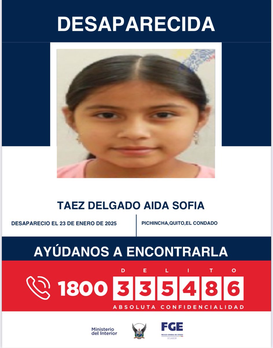 🚨 AYÚDANOS A ENCONTRARLA 🚨

A TAEZ DELGADO AÍDA SOFÍA, reportada como desaparecida el 23 de enero de 2025 en #UIO.

📞 Si tienes información, comunícate al 1800 DELITO (335486).

#PolicíaEcuador
