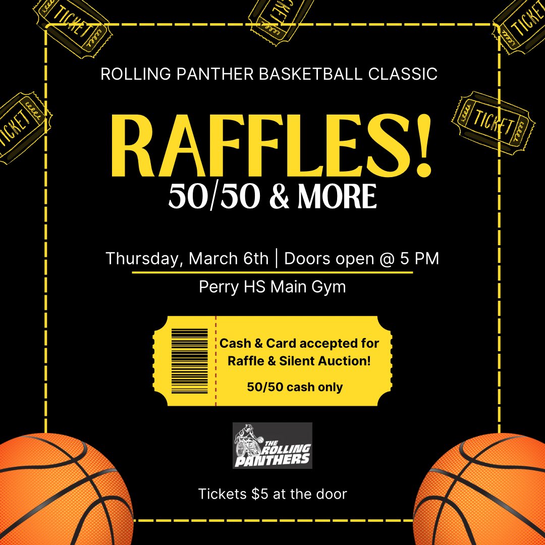RollingPanthers's tweet photo. Join us for the Perry Staff vs. Players Wheelchair Basketball Game and help us raise funds for new chairs for our incredible athletes!

🎟️ Tickets: $5 at the door (cash &amp; card accepted)
🕔 When: Doors open at 5 PM | Game starts at 7 PM

🎁 Raffles | 💵 50/50 | 🤫 Silent Auction https://t.co/5zktMTbY32