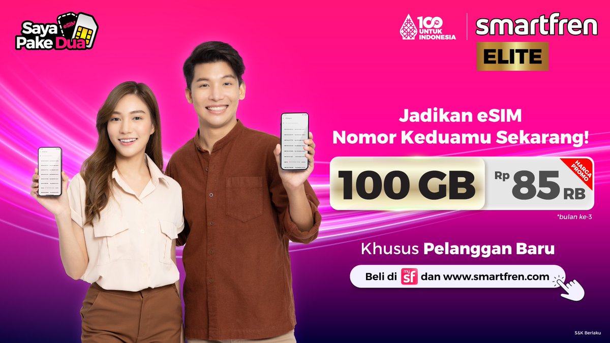 smartfrenworld's tweet photo. Jadikan eSIM nomor keduamu! ✨

Kuota 100 GB harganya cuma 85 ribu (di bulan kedua) Yuk beli sekarang di aplikasi mySF!
#SayaPakeDua #SmartfrenESIM #mySF #esim #elite #smartfren #100PersenUntukIndonesia https://t.co/sJBclrZNNm
