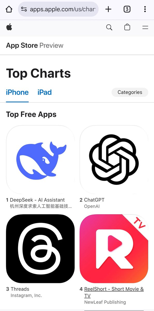 RnaudBertrand's tweet photo. Update: Deepseek is now number 1 on the app store, across all categories.

Quite literally, China has now officially taken the lead in AI. Ironically 3 days after Trump signed an executive order "to sustain and enhance America’s global AI dominance" (https://t.co/kaPCmi1OtG) https://t.co/g4QkJpBC9r
