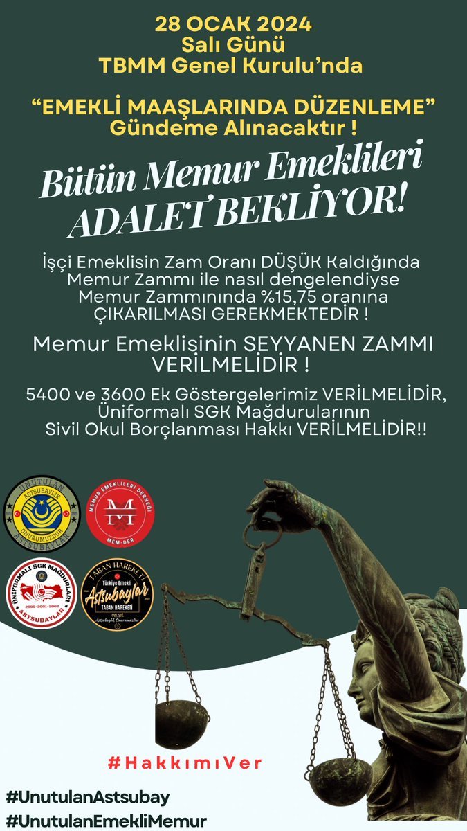 28 Ocak Salı günü:
<a href="/TBMMGenelKurulu/">TBMM Genel Kurulu</a> ‘nda  Emekli Maaşları ile ilgili   düzenleme konusunda çalışma yapılacaktır/yapılacağı duyulmuştur. (medyada)  Takip edilmesi ÖNEMLİDİR!
#Emekli #çöküyoruz Ölmüş Ürdün <a href="/temadankara/">TEMAD Genel Başkanlığı</a> <a href="/TesudMerkez/">TESUD Genel Merkez</a> <a href="/emekli_memurlar/">Emekli Memurlar Platformu</a>