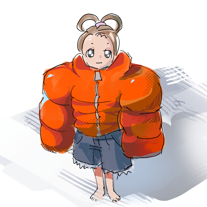 pearl in a huge fucking orange jacket and jorts