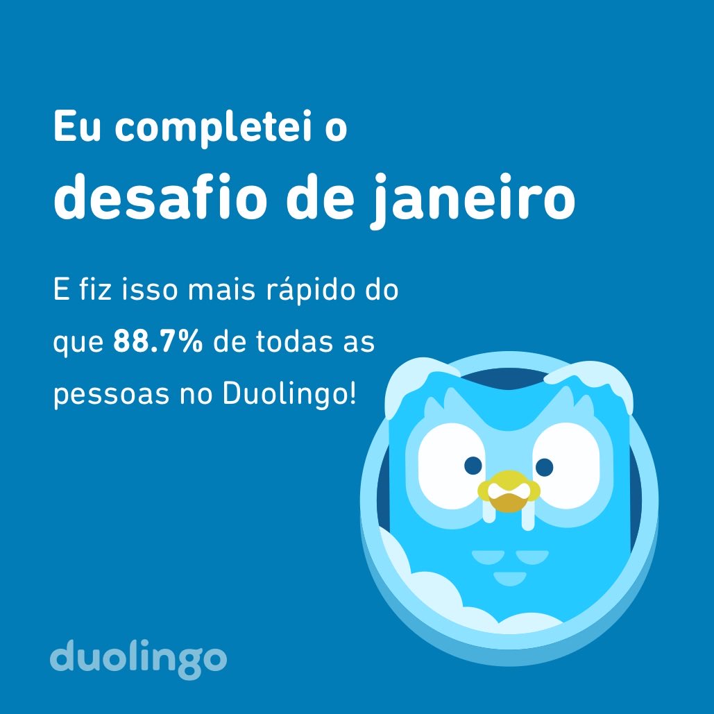 deizipavan's tweet photo. Eu completei o desafio de janeiro mais rápido do que 88.7% de todas as pessoas no Duolingo! #ingles #domingo #duolingo https://t.co/Nn8yrs7hrB