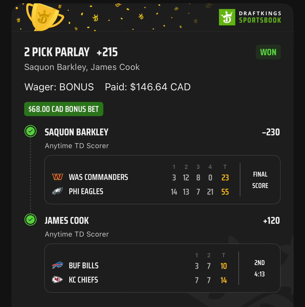 JustTheFirstTD's tweet photo. Used the King of the Hill bonus bet from last week to cash with Barkley and Cook

Get in on the action @PlaysLab https://t.co/9P9ko9b07u