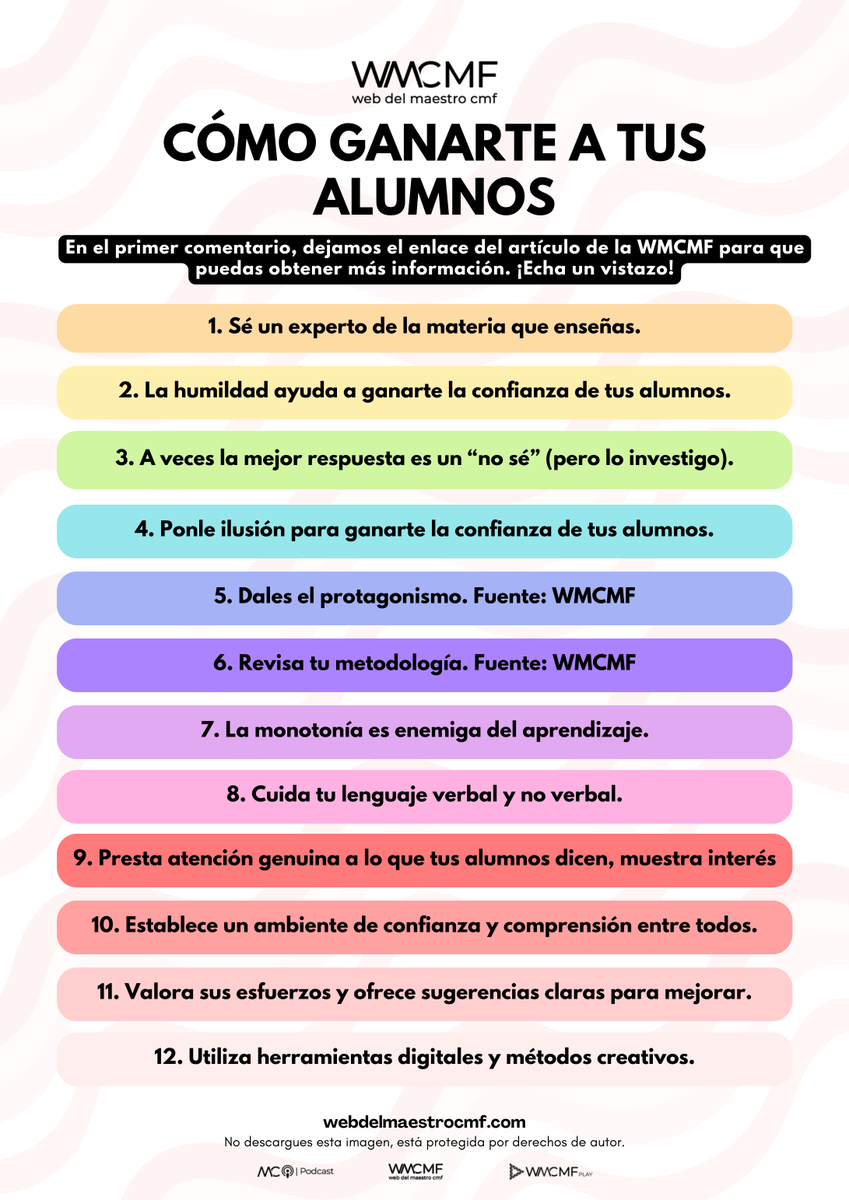 cmf_w's tweet photo. Cómo #ganarte a tus #alumnos. Enlace de descarga: https://t.co/XKvseGPsdN
¿Quieres descubrir estrategias efectivas para conectar con tus estudiantes y crear un ambiente de aprendizaje positivo? 🌟📚 Este recurso ofrece consejos prácticos como ser flexible, escuchar activamente y atender a las necesidades individuales de cada alumno. 🤝🎓 Además, enfatiza la importancia de adaptarse a las particularidades de cada grupo, priorizando sus intereses y fomentando una comunicación abierta. 🗣️✨ ¡No te pierdas la oportunidad de transformar tus clases y ganarte la confianza de tus alumnos! 🚀👩🏫👨🏫
