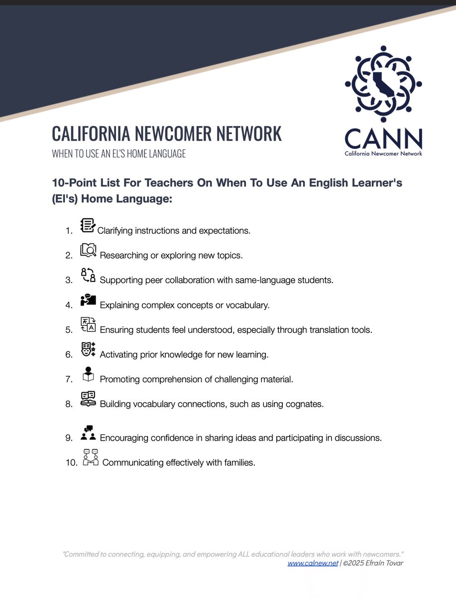 Using ELs’ home language strategically boosts comprehension, engagement &amp; confidence! 🌟 Bridge their learning with these 10 practical tips: calnew.net/downloads #MultilingualClassrooms #EnglishLearners #Newcomers #WeCANN