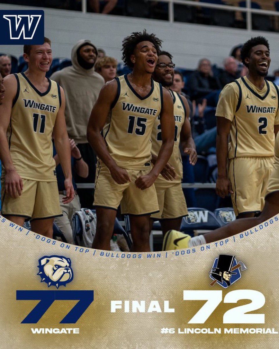 Wingate Men's BBall (@wingatembb) on Twitter photo DOWN GOES NUMBER SIX!!!!!!!
<a href="/WingateMBB/">Wingate Men's BBall</a> closes out the game on a 23-4 run, erasing a 14-point deficit with 5:24 to go to take down #6 LMU 77-72!
Taylor & Pack had 14 points each; Erbeck & Lingo added 10 points apiece
#OneDog DOWN GOES NUMBER SIX!!!!!!!
<a href="/WingateMBB/">Wingate Men's BBall</a> closes out the game on a 23-4 run, erasing a 14-point deficit with 5:24 to go to take down #6 LMU 77-72!
Taylor & Pack had 14 points each; Erbeck & Lingo added 10 points apiece
#OneDog