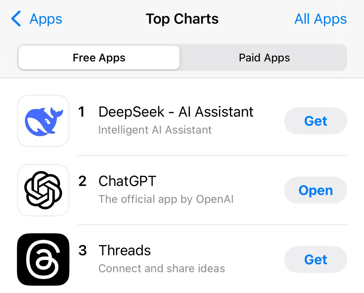 Wow. DeepSeek is number one in the app store today.