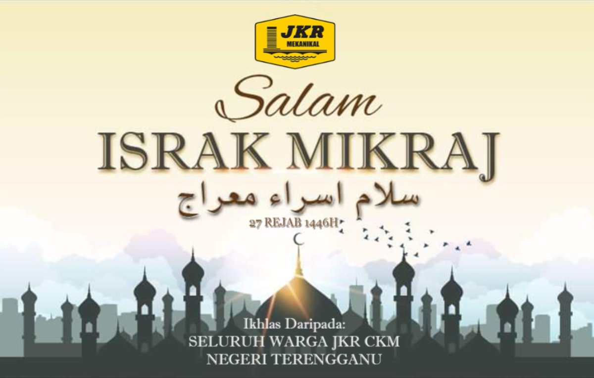 “Salam Israk Mikraj buat semua umat islam  seluruh dunia. Semoga perjalanan suci Nabi Muhammad SAW menjadi inspirasi dalam kehidupan kita.”
<a href="/suhailimansor/">Suhaili</a>
<a href="/HasliJKR/">Hasli Ibrahim (Ir. Dr.)</a>
<a href="/Ir_Humaizi/">Ahmad Humaizi</a> 
<a href="/JKR_CKM/">JKR CAW. KEJ. MEKANIKAL</a> 
<a href="/JKRTerengganu/">JKR Terengganu</a>