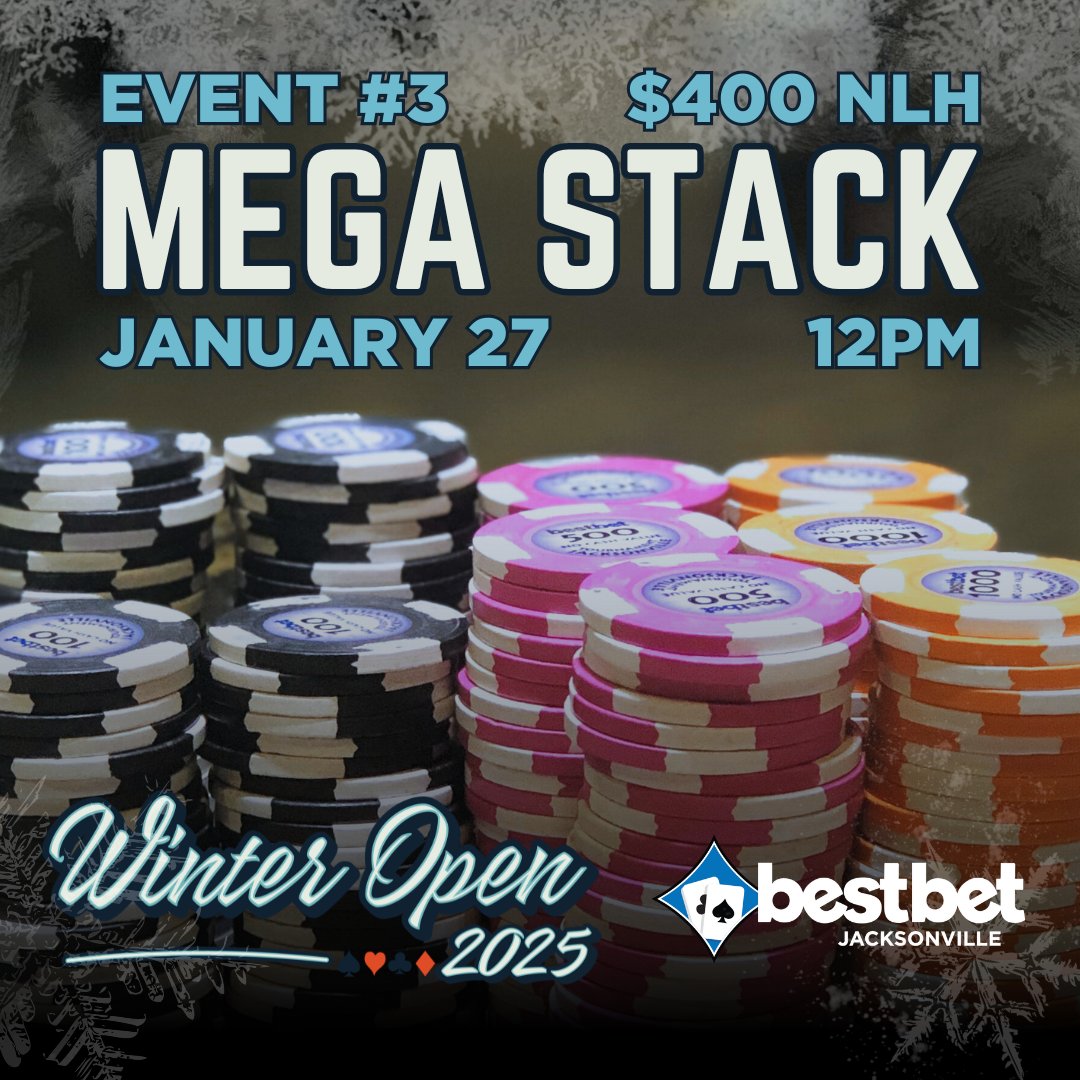 bestbet_jax's tweet photo. Winter Open Event 3 MEGA STACK starts tomorrow, Jan. 27, at noon ❄️ $400 NLH - Who's ready to stack some chips? 🔥💰

Click for the full tournament schedule ➡️ https://t.co/4bRq8AW1fg

#bestbetJAX #winteropen #pokertournament https://t.co/SlBPSAUYjA