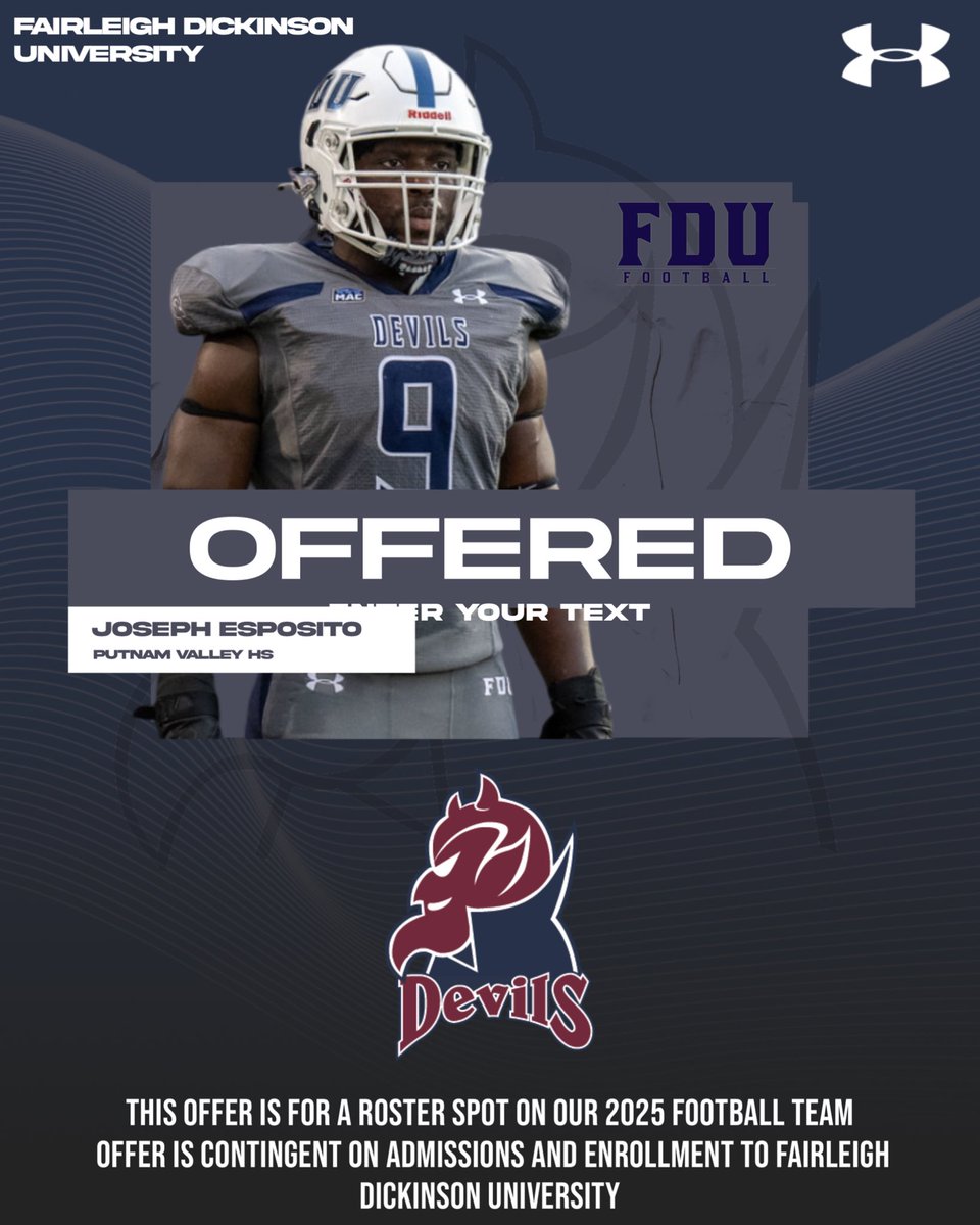 I am grateful to have received an offer to play football at FDU! <a href="/CoachAVC_FDU/">Anthony Van Curen</a> <a href="/CoachTufaro/">Mike Tufaro</a> <a href="/CoachElsasser/">Coach Elsasser</a>