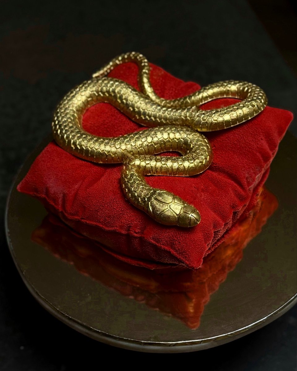 sashimimimi's tweet photo. Lunar New Year cake! The pillow is Chinese Southern almond cake, with mandarin jelly, caramelised white chocolate ganache and stem ginger mousse. The snake itself is mandarin jelly. 🐍 https://t.co/HSalRSKFsK