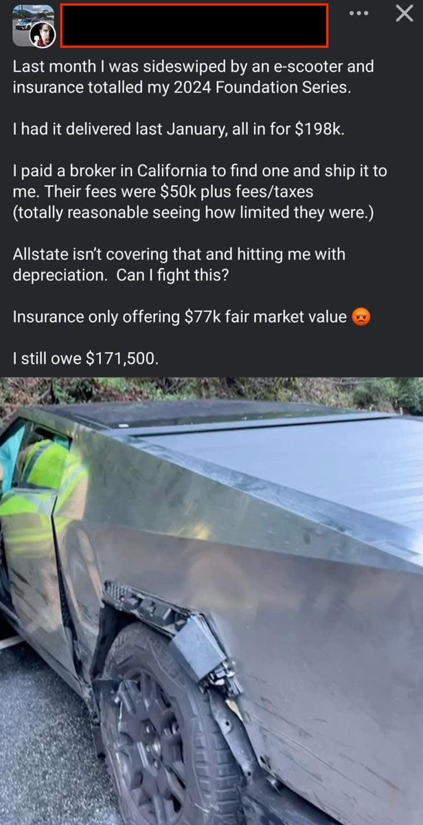 StonkKing4's tweet photo. $TSLA $200k cybertruck foundation series 🤡

totaled by an e-scooter 😂

bulletproof but fragile to water, weather, road, and now, e-scooters 🤣 https://t.co/uCKBWrDbeR