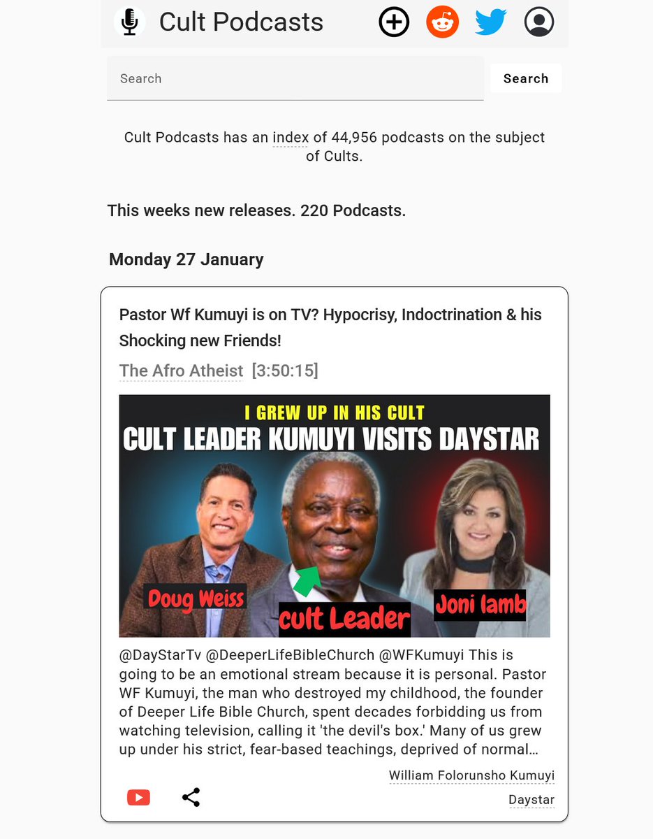 CultPodcasts's tweet image. The @CultPodcasts website is fast approaching 45,000 #Cult Podcasts!
Also check out @theafrohumanist&apos;s episodes - she has been covering the #SPACNation cult in-depth.
cultpodcasts.com