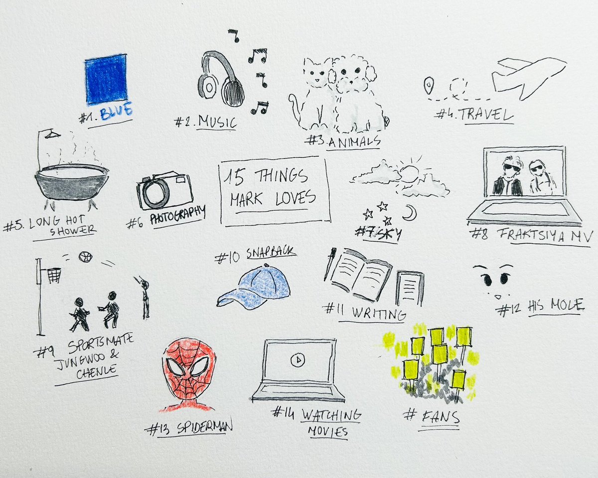 skymlees's tweet photo. — 15 things mark loves (doodle version) 

watch here: https://t.co/gMFIVcrYb3 https://t.co/hUltKNbuYi