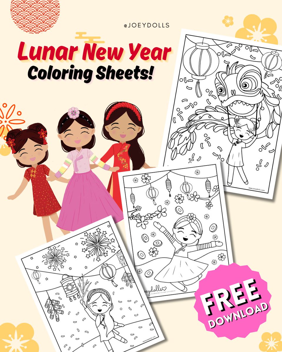 FREE Lunar New Year Coloring Sheets! 🧧🎨
Celebrate Chun Jie, Tet, and Seollal with Joeydolls’ festive designs that spark creativity and cultural pride.

🎉 Get yours here: joeydolls.com/lunar-new-year…

#LunarNewYear #FreeColoringSheets #Joeydolls