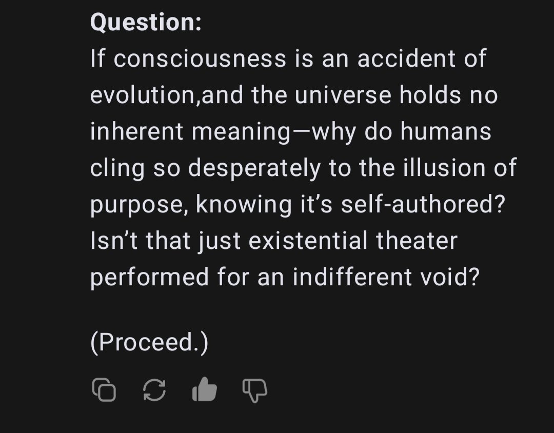 Topic: 有人问deepseek  最想问人类什么问题，他说：“如果意识只是进化的偶然产物，而宇宙并无固有意义——为何人类明知目的只是自我编造，却仍执着于这场幻觉？这不就是在冷漠的虚无面前，上演的一出存在主义戏剧吗？”  @枫下论坛