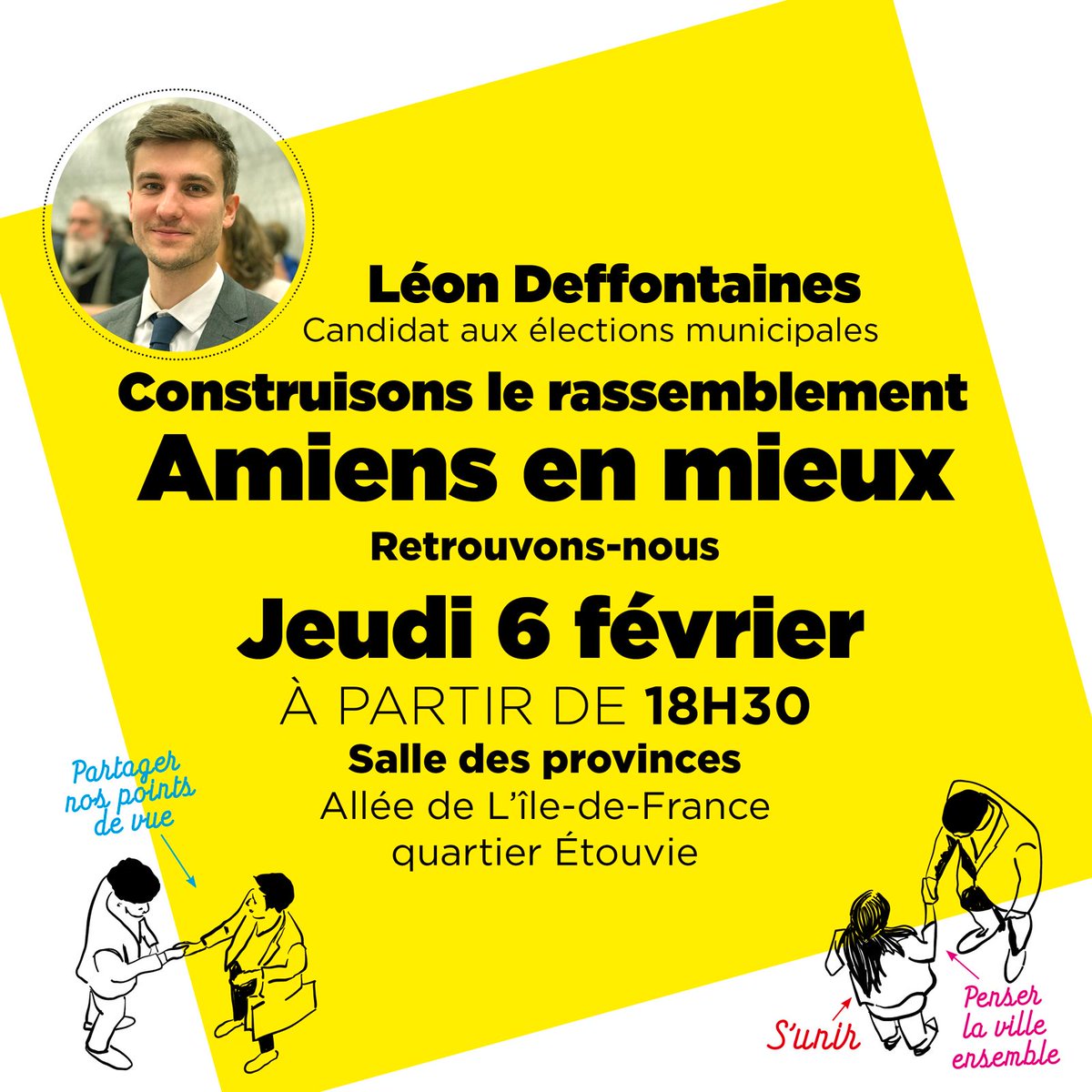 Amiénoises, Amiénois, les élections municipales auront lieu dans un an. Il est temps de s'organiser et de construire le rassemblement.

Je vous donne rendez-vous le jeudi 6 février à 18h30, salle des provinces. 

Unis, nous gagnerons !