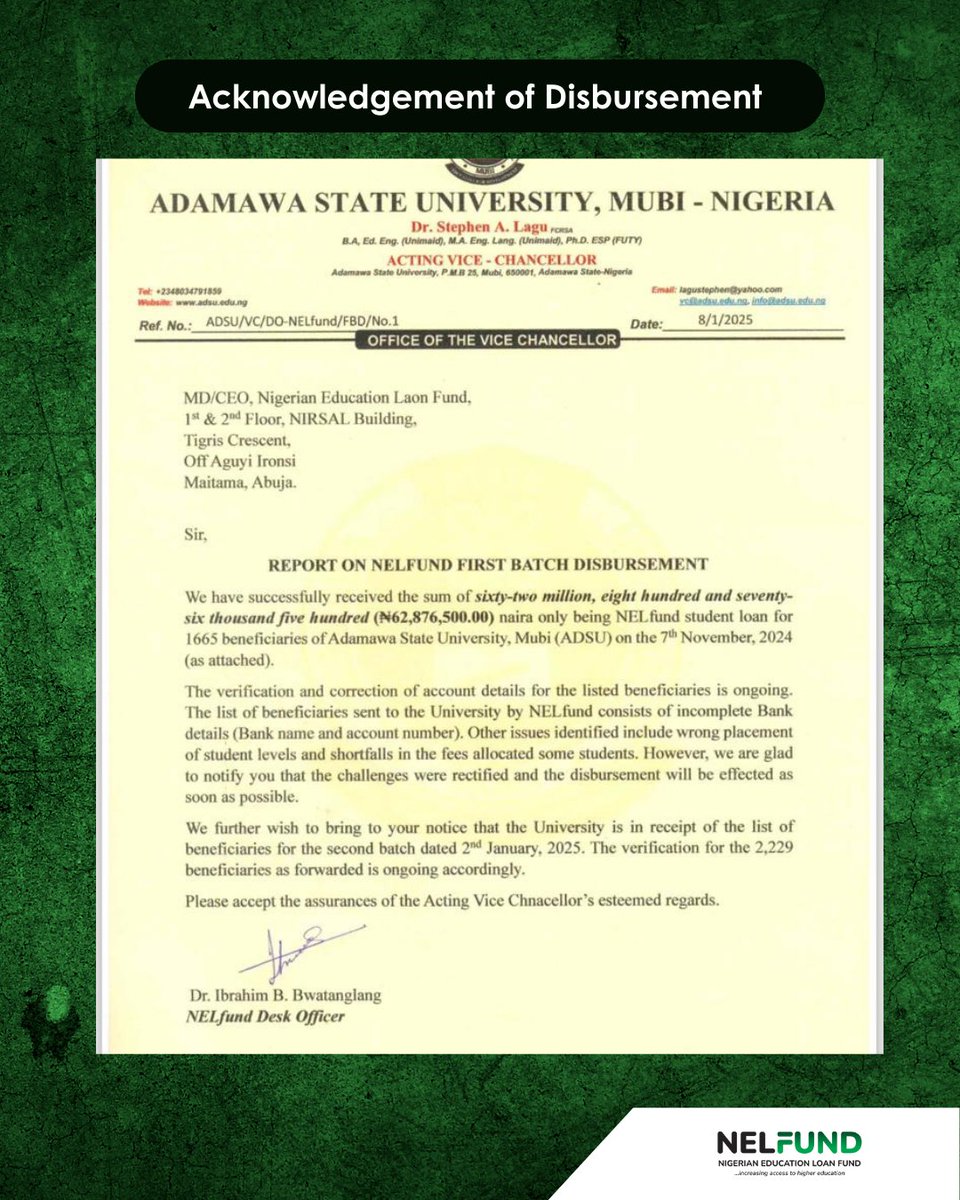 NELFUND's tweet image. Adamawa State University acknowledges the receipt of ₦62,876,500 from @NELfund for student loans, benefiting 1,665 students. 

#NELFundStudentLoan #nelfund #adamawa