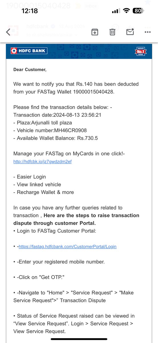 drshaileshk's tweet photo. There seems some FastTag Scam going on. In last 5 months, I got second FastTag debit msg when I was at home, when my car had not at all moved from society parking in Navi Mumbai. I'm getting debit msgs from some random toll plazas. Dispute raised 5months bck is still unsolved. https://t.co/9xTq5shvYj