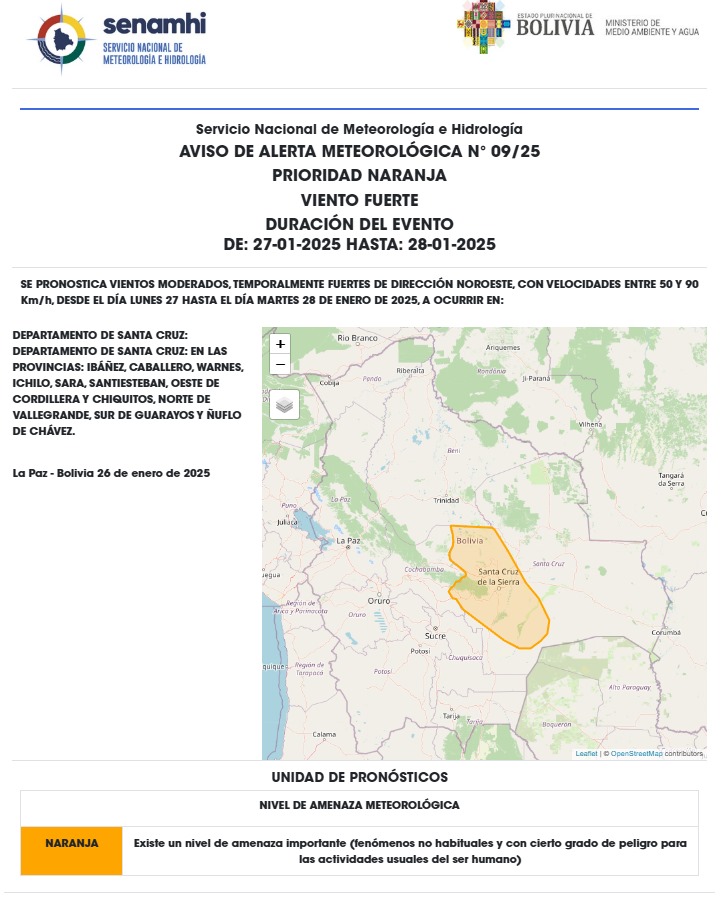 SENAMHI_BOLIVIA's tweet photo. 📌🔸AVISO DE ALERTA METEOROLÓGICA N° 09/25
PRIORIDAD NARANJA🔸
VIENTO FUERTE
➡DURACIÓN DEL EVENTO
DESDE: 27 DE ENERO DE 2025 HASTA: 28 DE ENERO DE 2025 https://t.co/YhmMbkWujf
#UnArbolUnaGotaDeAgua
#MMAyA
#cadadatocuenta
#UnidosRumboAlBicentenario https://t.co/EzUaRDZltS