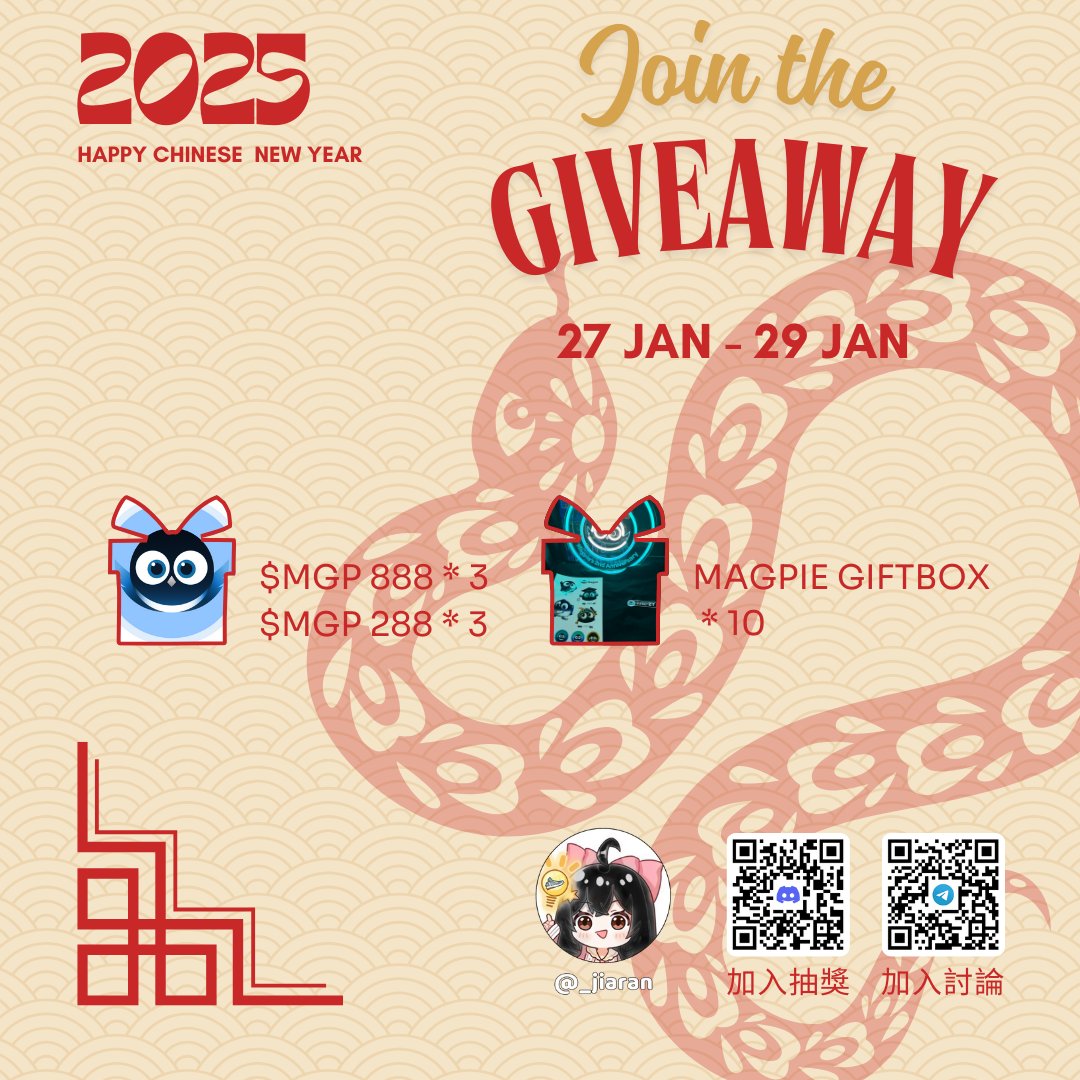 _jiaran's tweet photo. 🎁新春許願送 $MGP 和實物周邊禮盒
由 @magpiexyz_io 官方提供的價值 $400 的小小心意：
- $MGP 888 x 3 份（DC 內專屬）
- $MGP 288 x 3 份
- MAGPIE 實物周邊禮盒（內含氛圍燈、貼紙、T 恤三件套）x 10 份，支持全球發貨

✅如何參與
- 關注我 @_jiaran 和 @magpiexyz_io 
- 讚轉本推，並在評論裡留下你的新年願望
- 加入 Magpie 官方 DC，在“嘉然-lunar-new-year”頻道發送評論鏈接即可參與抽獎啦

⏰48H 開獎

馬上就要迎來農曆傳統新年了，提前祝大家新年快樂，蛇年順順利利~
