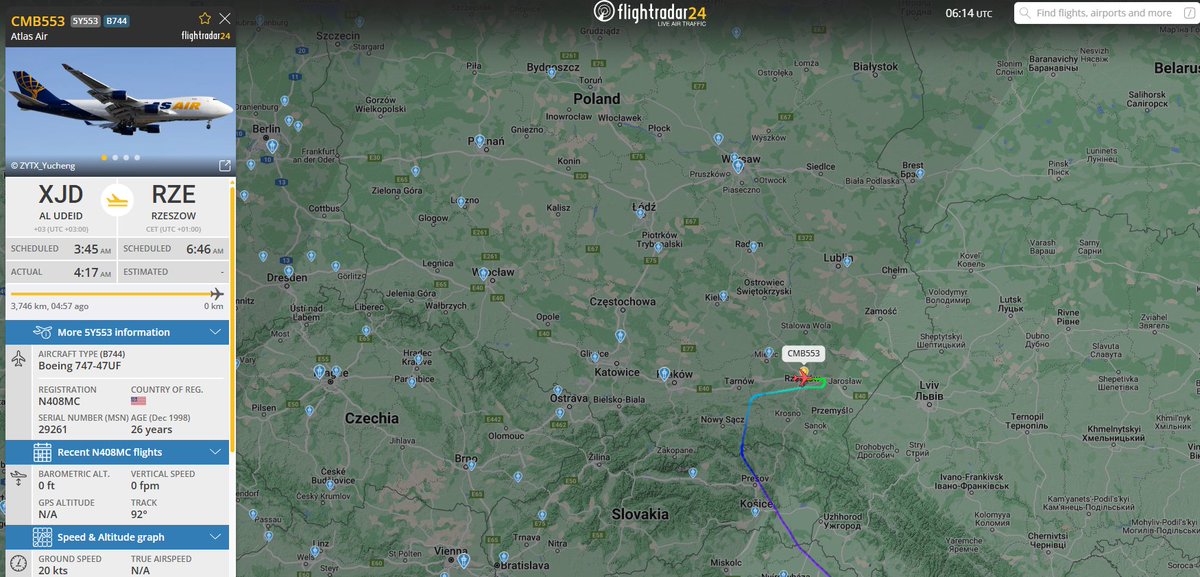 PolishMilRadar's tweet photo. ⌚️27.01 06:20Z
🇺🇸Atlas Air
✈️Boeing  Boeing 747-47UF  #N408MC
#CMB553 on the ground ⬇️
Military transport 
🛫Al Udeid Air Base #OTBH
🛬Rzeszow Airport #EPRZ
https://t.co/FE9ihlHEZN

#B747 #BOEING #POLISHMILRADAR https://t.co/oDTnnHlDqC