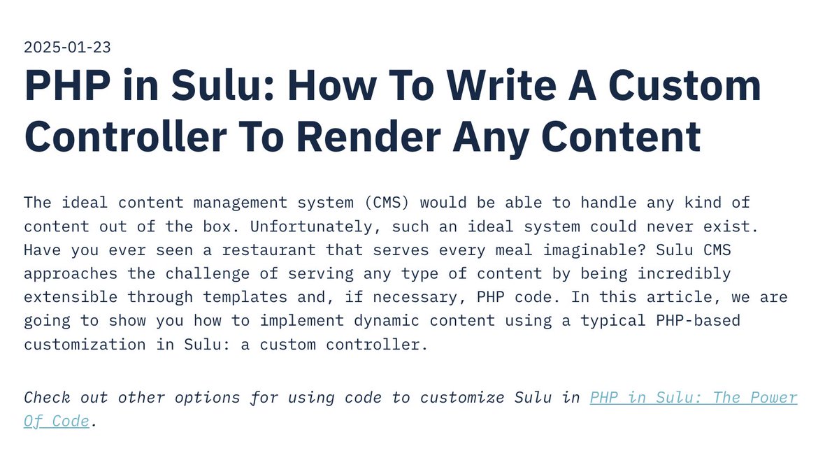 sulu's tweet photo. Let @Prokyon4 help you learn how to implement dynamic content using a typical PHP-based customization: a custom controller  https://t.co/CY3zJVOqFN #sulucms #php #symfony #opensource https://t.co/0tMY4aBEMm