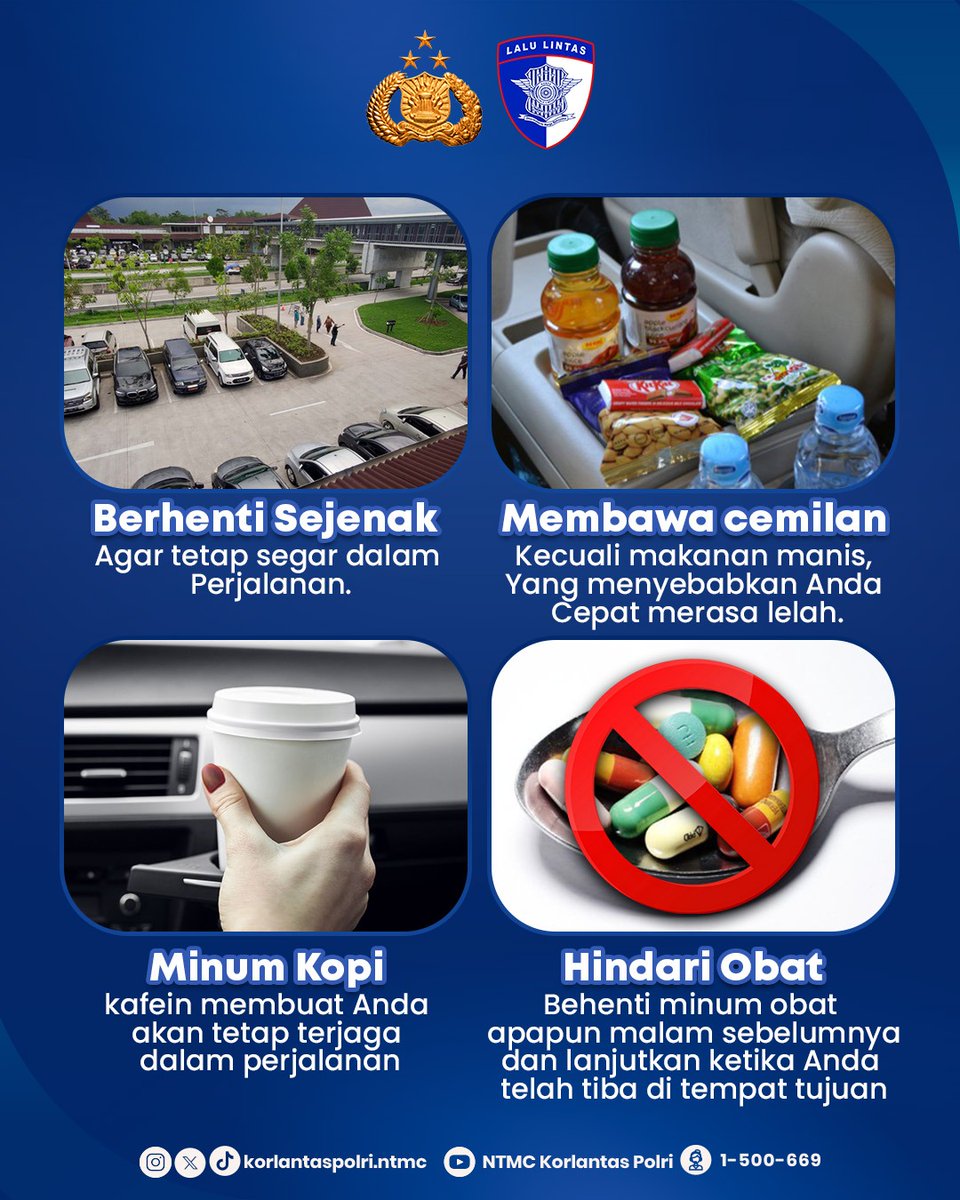 NTMCLantasPolri's tweet photo. 🚗✨ Jalan jauh gak masalah, asal tetap waspada! Cek 4 tips biar tetap segar di perjalanan. Liburan aman, sampai tujuan selamat! 😉

#NTMCKorlantasPolri
#KorlantasPolri
#PolantasHadirUntukNegeri
#Polantas
#LaluLintas
#infolalulintas 
#lalulintas 
#liburimlek
#liburpanjang https://t.co/dW6vMrO3Wb