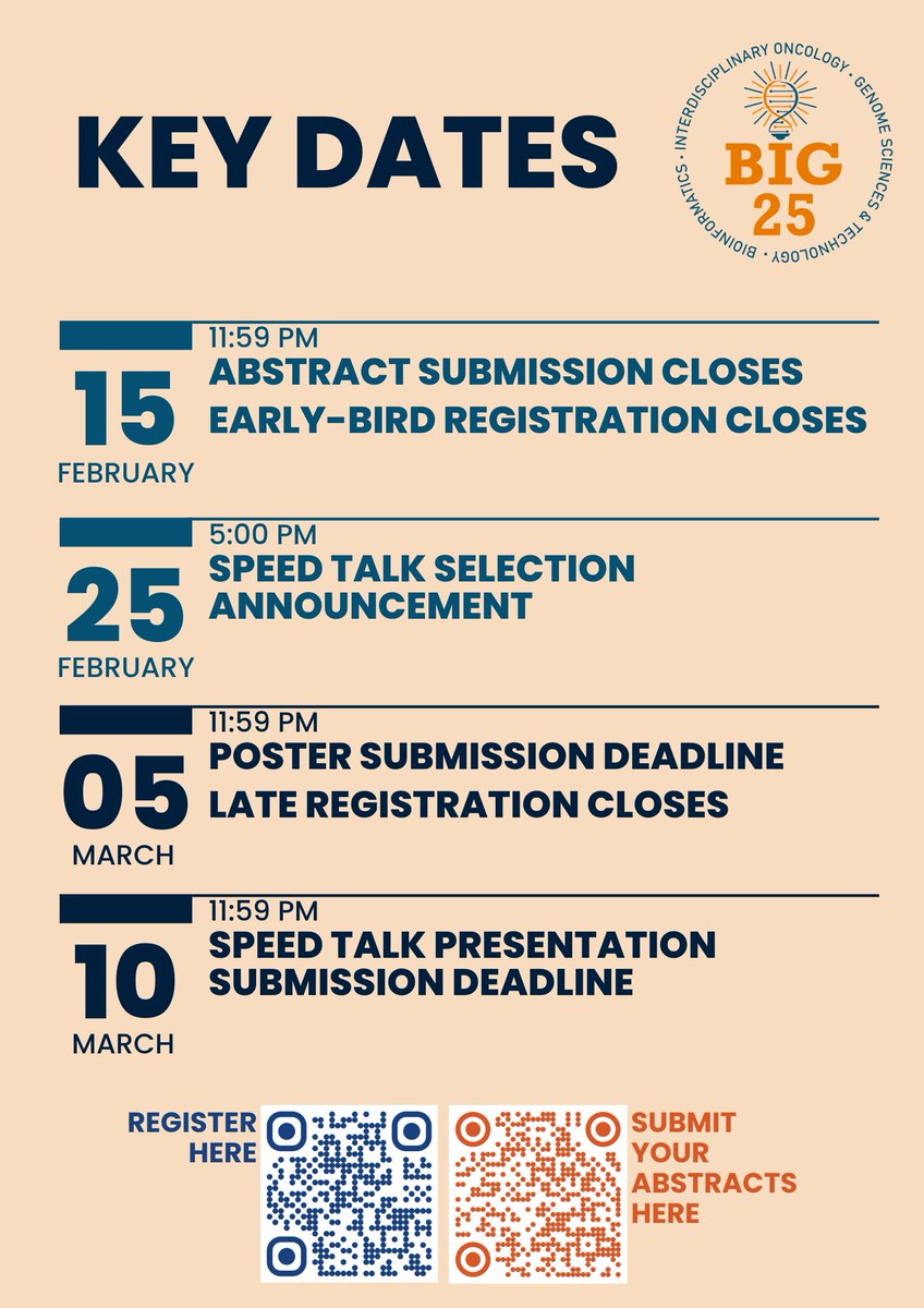 📢 BIG 25 Research Day Deadlines – Save the Dates!
 Don’t forget to register and present at BIG 25 Research Day!