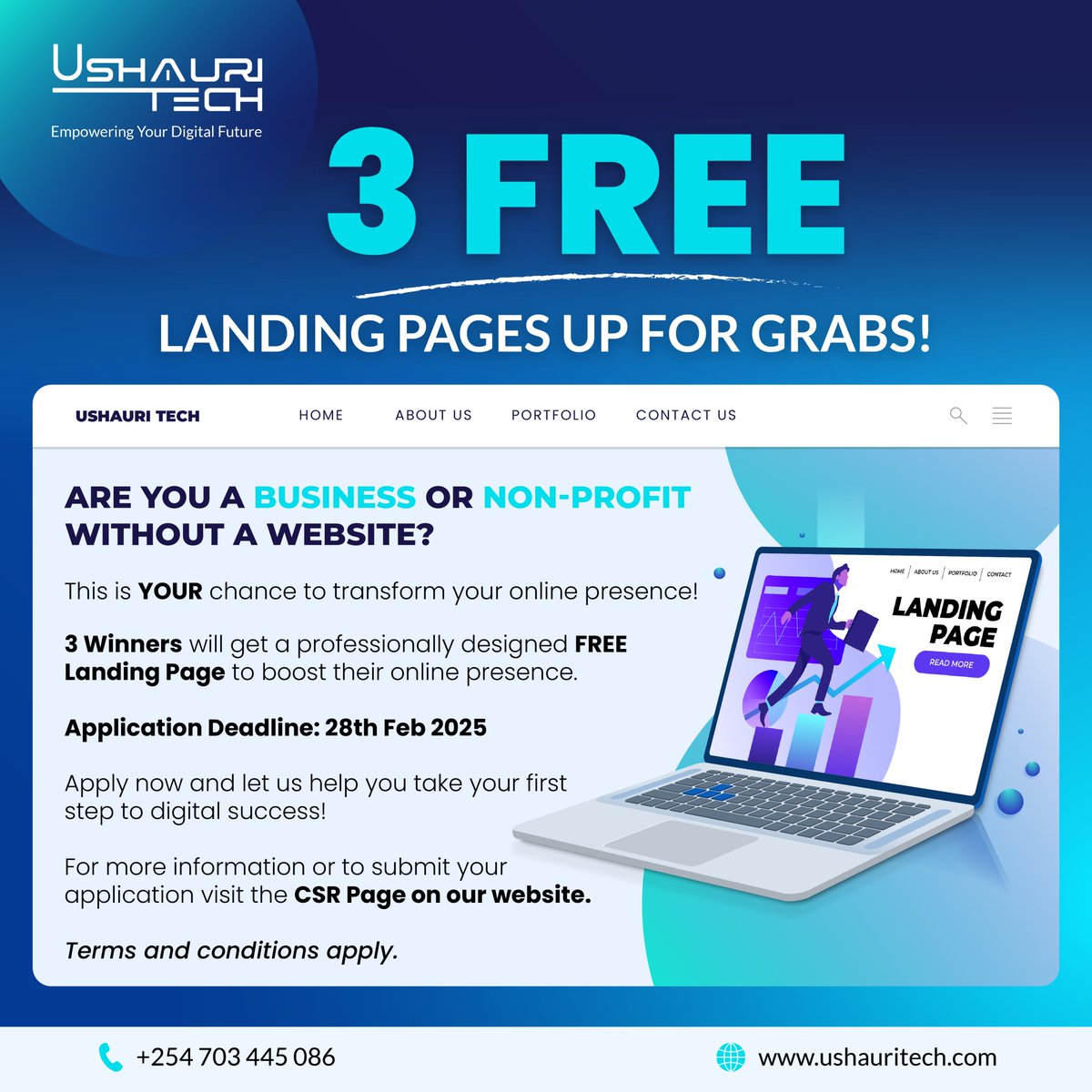 UshauriTech's tweet image. Are you a Business or Non-Profit without a Website?

As part of Ushauri Tech’s efforts to support digital transformation, we are offering 3 free landing pages to businesses and non-profits.

Apply Now: ushauritech.com/csr/

#UshauriTech #DigitalTransformation #CSR #TechForGood