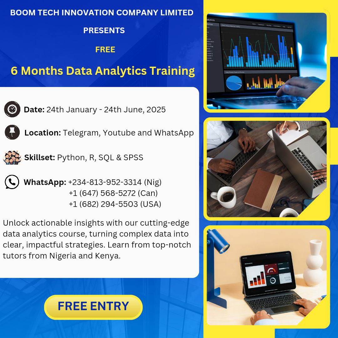 noble_idy's tweet photo. 📢 FREE DATA SCIENCE TRAINING FOR 6 MONTHS  🚀
Join me at BTICL as we embark on this exciting journey with R PROGRAMMING LANGUAGE 📈 

TOOL: R, SQL, SPSS and Python

📅 DATE: 24th January – June 2025

🎯 Join FREE 

🔗 https://t.co/dI3li2I3YI

🔗 https://t.co/Qyawl5Az9M https://t.co/59PkOv3u1Z