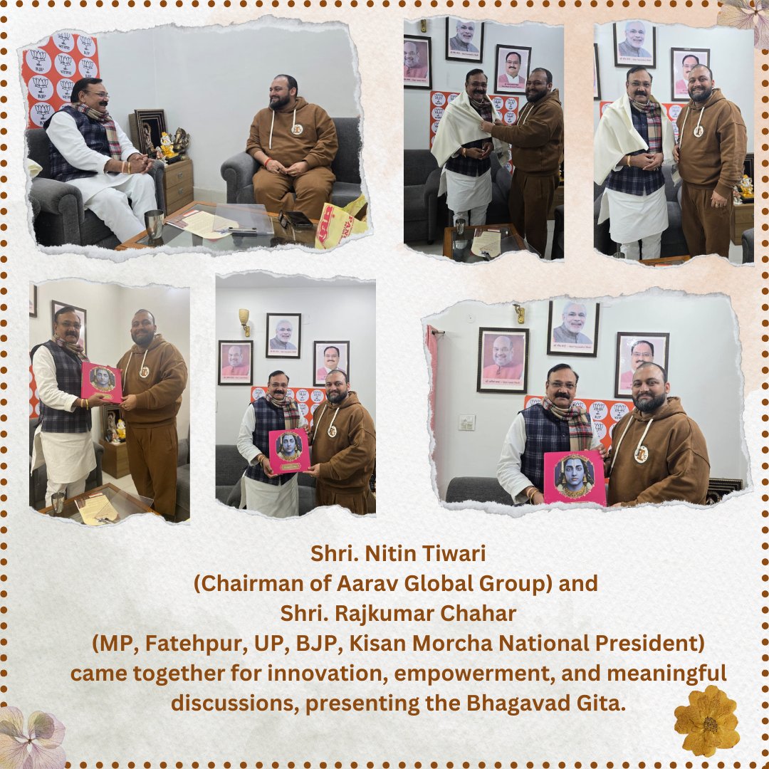 News21Ind's tweet photo. Shri. Nitin Tiwari (Chairman of Aarav Global Group) and Shri. Rajkumar Chahar (MP, Fatehpur, UP, BJP, Kisan Morcha National President) came together for innovation, empowerment, and meaningful discussions, presenting the Bhagavad Gita.
To know more- https://t.co/gKJFaTcbZ4 https://t.co/BCoOfSeDgd