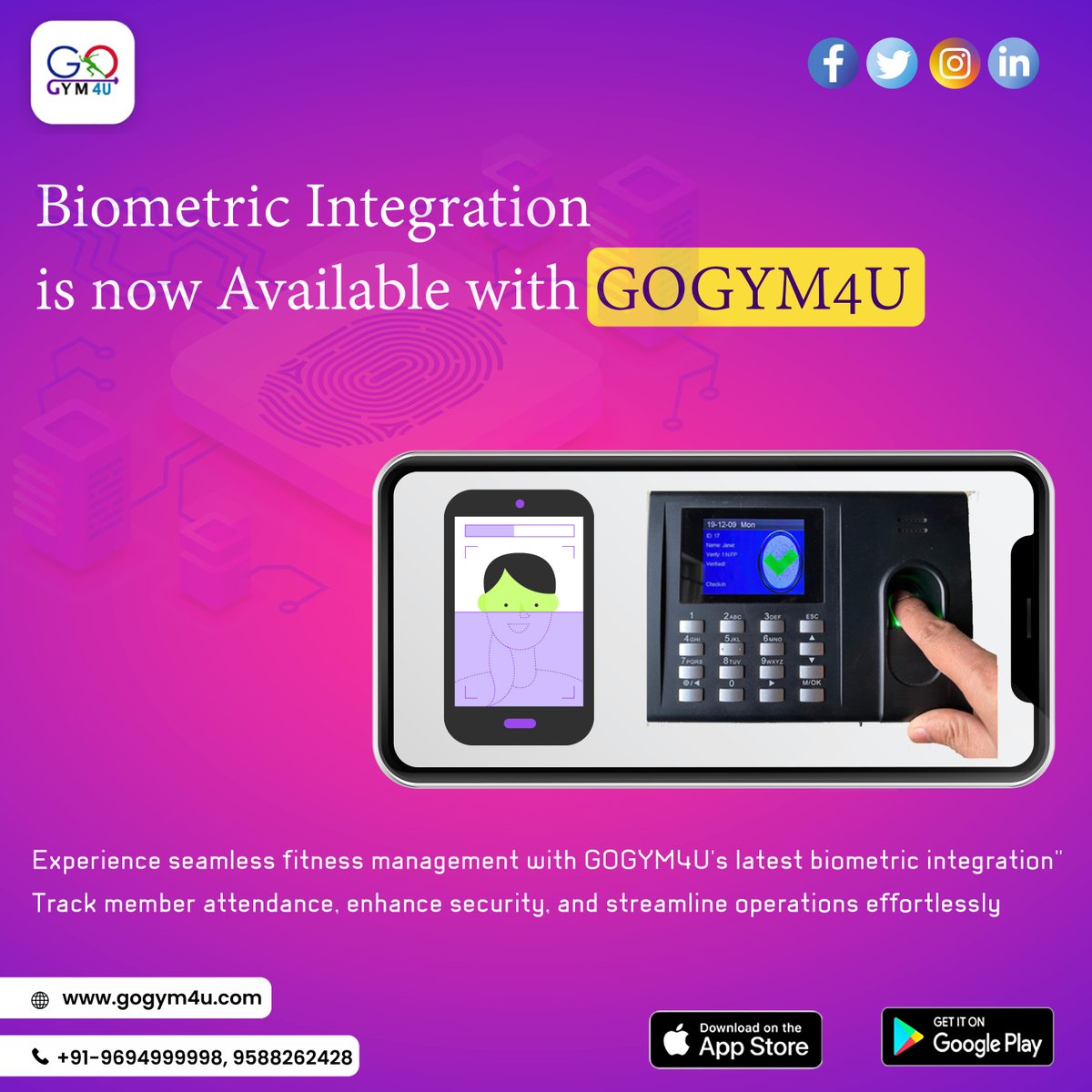 gogym4u's tweet photo. 🏋️‍♂️ Biometric Integration Now Available! Enhance security &amp; streamline access with GoGym4U. #GoGym4U #GymManagement #gymmanagerapp #apptomanagegym #gymmanagementapp #gymmanagementapplication #MembershipMadeEasy #BiometricAccess #EffortlessManagement #BiometricIntegration #SmartGym https://t.co/x9WzEaI6pW