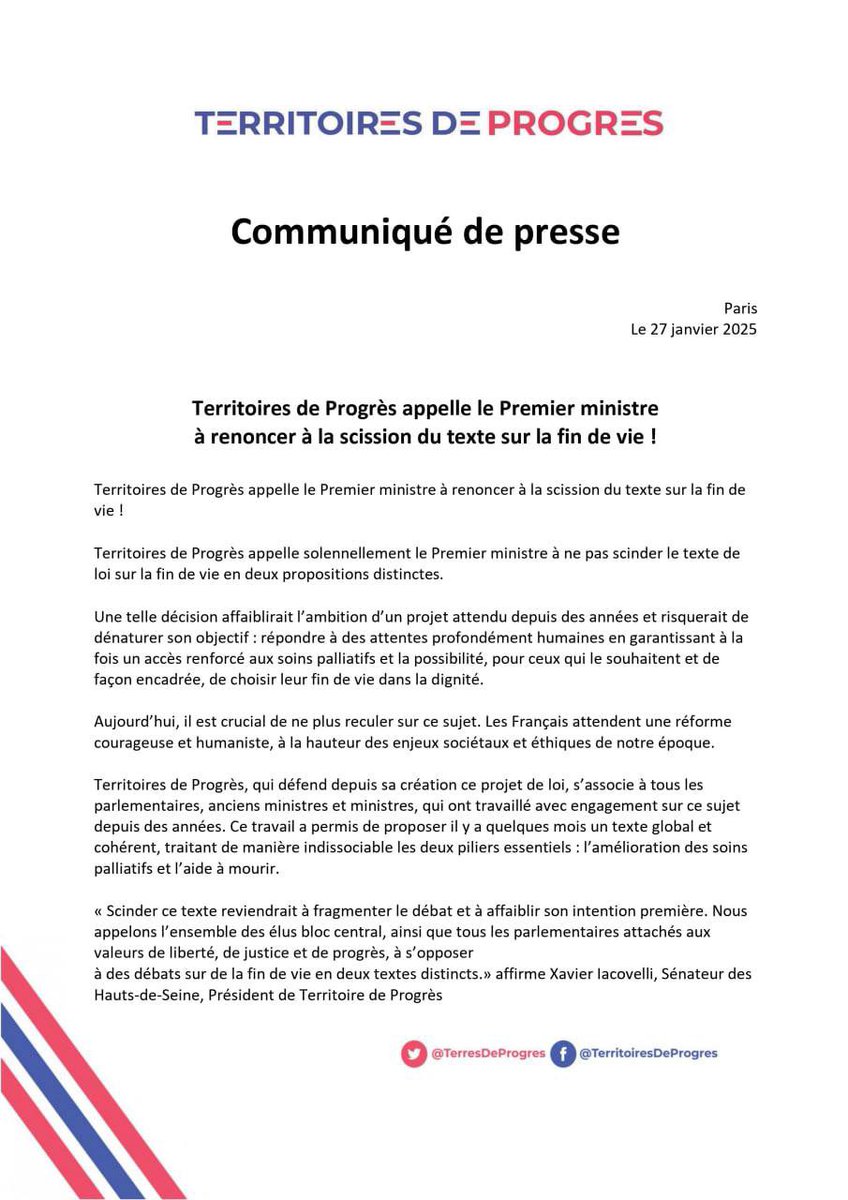 DP_LeParti's tweet image. 📢 Nous appellons le Premier ministre François @bayrou à ne pas diviser le texte sur la #FinDeVie ❗️

Scinder ce projet affaiblirait une réforme essentielle.

Garantissons un accès renforcé aux soins palliatifs et le choix encadré de la fin de vie dans la dignité.