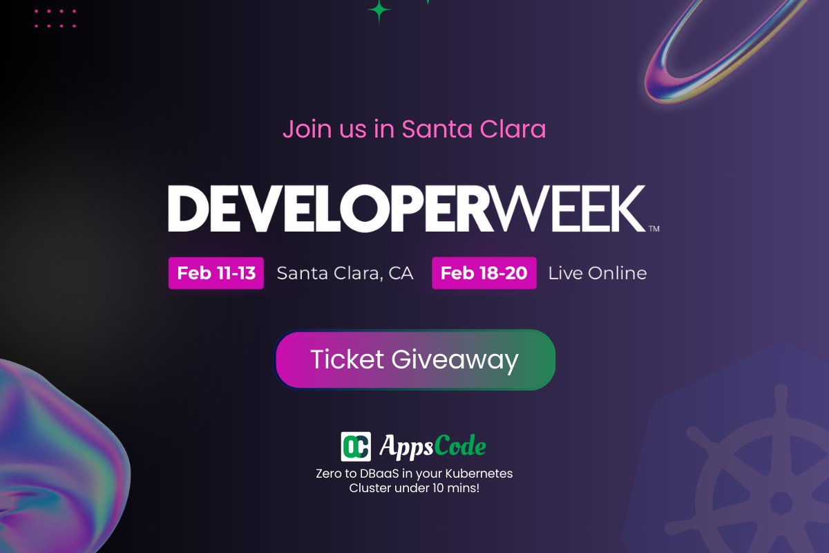 AppsCodeHQ's tweet image. .@AppsCodeHQ is Heading to .@DeveloperWeek 2025!
Join us in Santa Carla, CA, on Feb 11-13 to explore the future of managed databases with KubeDB. 
🎟️ Free ticket giveaway!
Fill out this form to enter: forms.gle/VZezxLCAGYXNZj…
#DeveloperWeek2025 #KubeDB #AppsCode