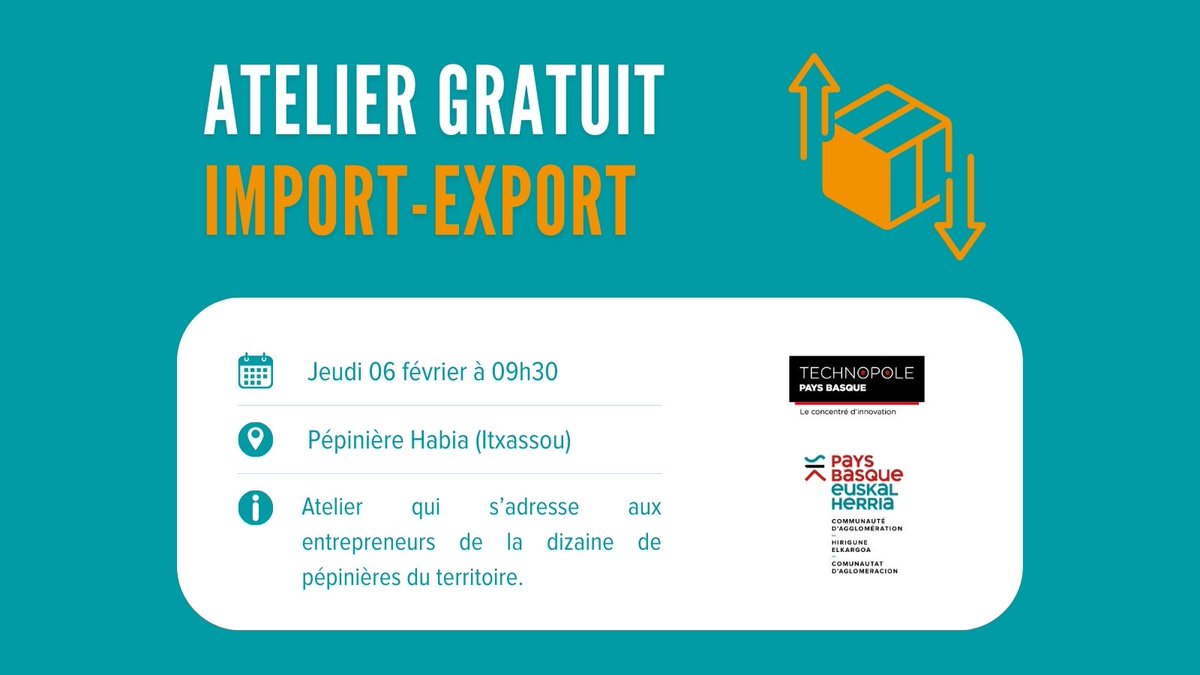 Vous souhaitez maîtriser l'import-export pour dynamiser votre #entreprise ? Participez l'atelier de la <a href="/CommunautePB/">CommunautéPaysBasque</a> le 06/02 à  la pépinière Habia d’Itxassou 📍

Un expert du service des #douanes vous partagera ses conseils pratiques ➡️ technopolepaysbasque.fr/fr/toutes-les-… #import #export