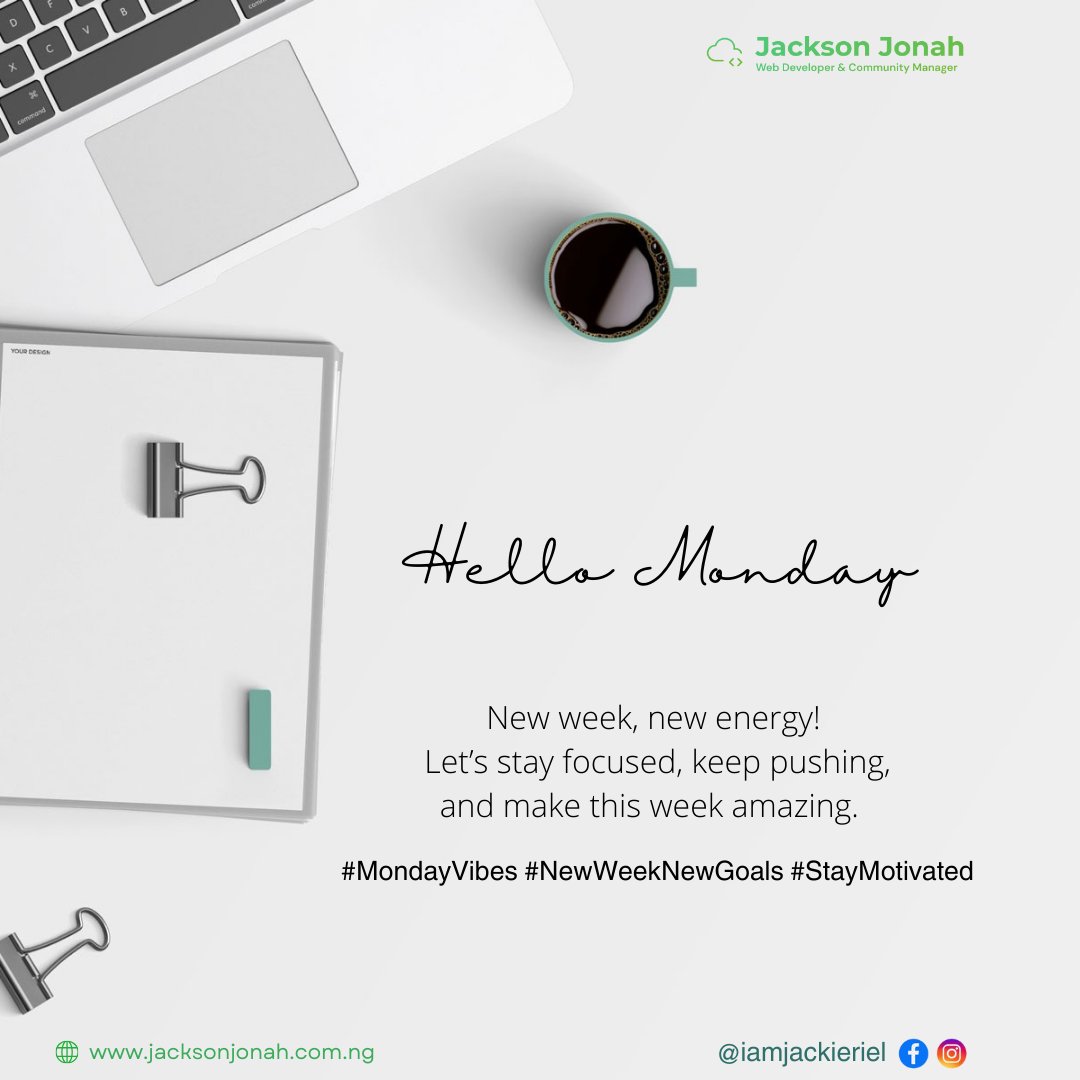 iamjackieriel's tweet photo. New week, new energy! 🚀 
Let’s stay focused, keep pushing, and make this week amazing. #MondayVibes #NewWeekNewGoals #StayMotivated #websitedesign #webdesign #website #jackieriel https://t.co/iv5oTDPgjW