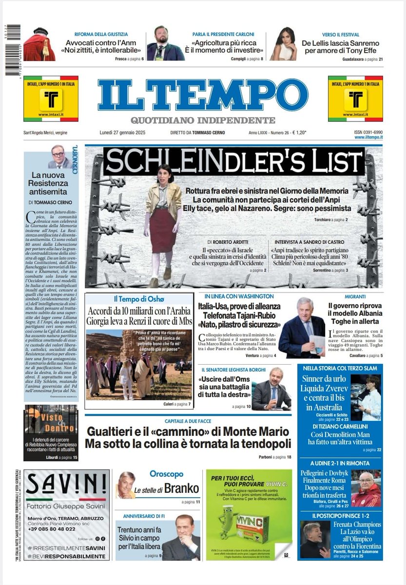 tempoweb's tweet photo. 📍 SCHLEINdler's list. Rottura fra #ebrei e sinistra
📍 Accordi da 10 miliardi con l’#ArabiaSaudita. #Meloni leva a #Renzi il cuore di Mbs
📍 Sotto #MonteMario è tornata la tendopoli
🔽 La prima pagina 📰 Siamo in edicola📣🗞
#27gennaio #buongiornoatutti ⏰☕️ https://t.co/YABQbcruqZ